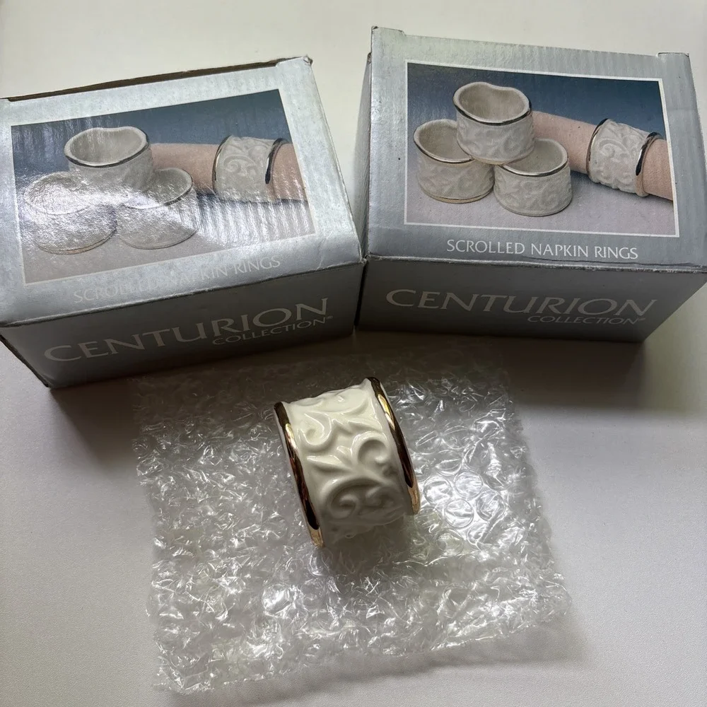 Porcelain Napkin Rings Centurion Scrolled White And Gold Set Of 8 - Vintage